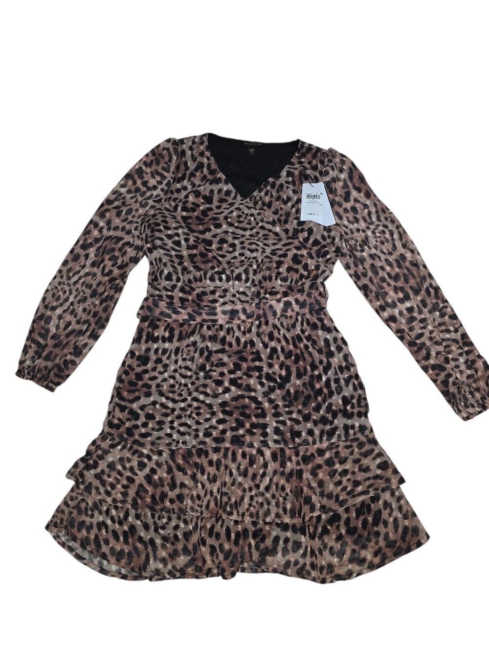 GUESS Leopard Print Ruffle Chiffon Long Sleeve A-Line Dress Size M